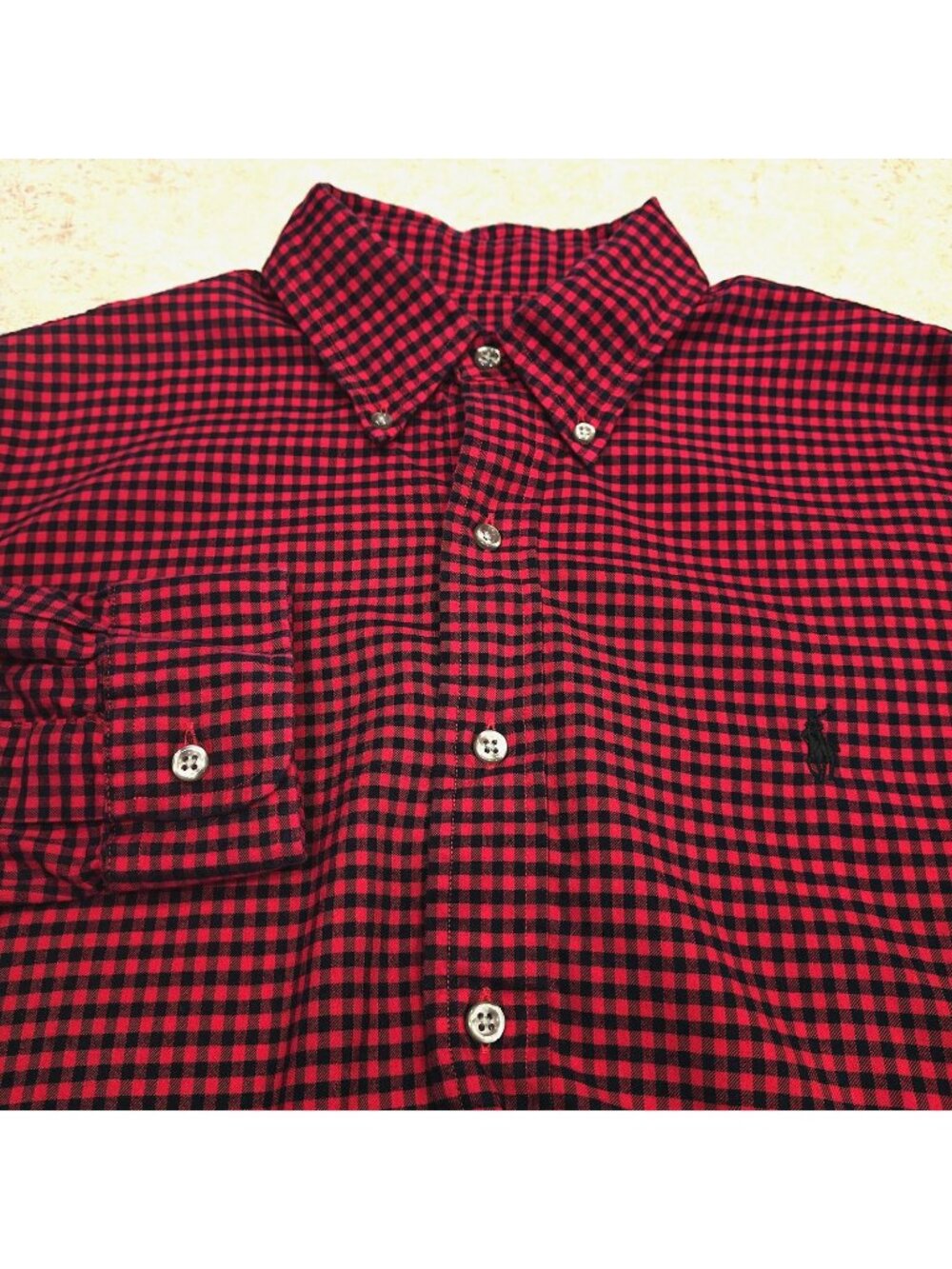 Ralph Lauren Shirt Mens Small Red Black Check Cotton Button Down Long Sleeve